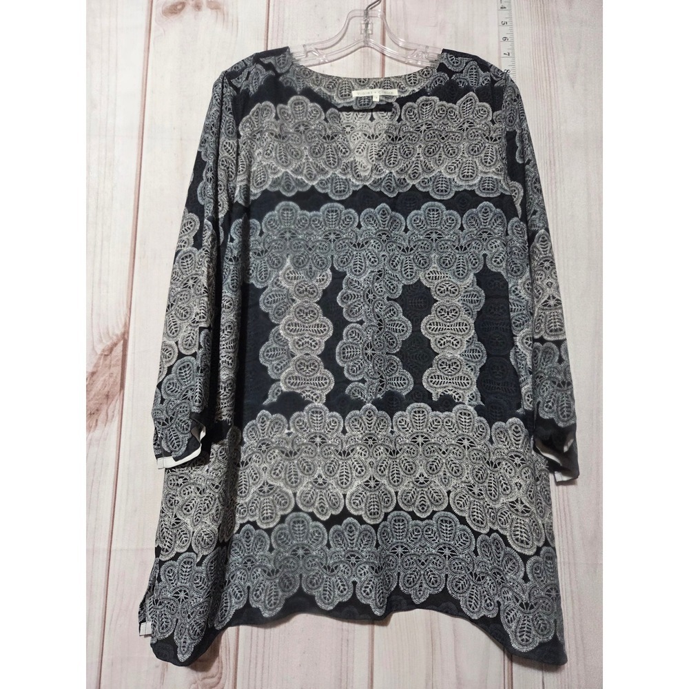 Boho Tunic Top Ladies 1x Black Gray‎ Medallion Print Long Sleeve Flowy Blouse